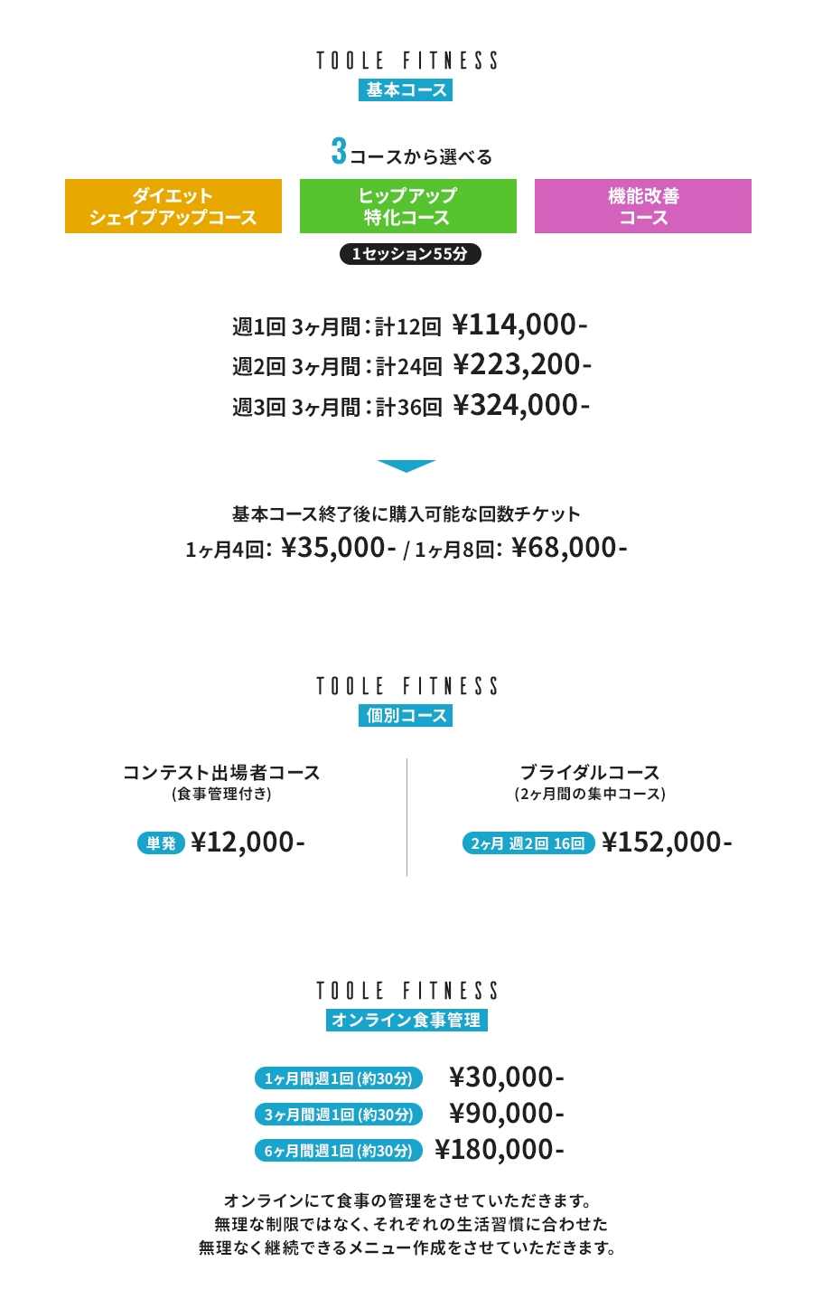 TOOLE Fitness 基本コース(3コースから選べる) 1セッション55分 ヒップアップ特化コース ダイエットシェイプアップコース 機能改善コース 週1回 3ヶ月間 ：計12回 ¥114,000- 週2回 3ヶ月間 ：計24回 ¥223,200- 週3回 3ヶ月間 ：計36回 ¥324,000- 個別コース コンテスト出場者コース(食事管理付き)単発¥12,000- ブライダルコース(2ヶ月間の集中コース) 2ヶ月週2回16回¥152,000- オンライン食事管理 1ヶ月間週1回(約30分) ¥30,000-